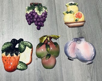 Set Of Five Vintage Hanging Kitchen, Fruits, And Vegetable Decor