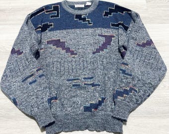 Koman M Men's Vintage 80s 90s Grandpa Sweater Long Sleeve Abstract