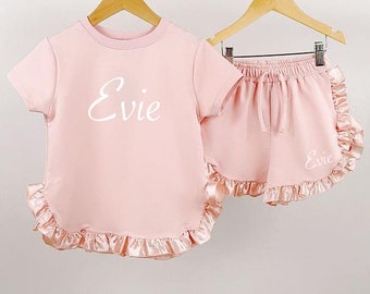 Personalised satin frill top and shorts summer set