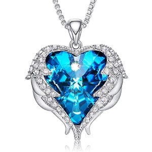 Blue Heart & Angel Wing Necklace, Swarovski Crystal Heart Pendant, Guardian Angel Necklace for Women, Religious Jewelry