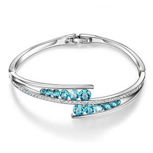 Sterling Silver Bangle with Blue Swarovski Crystals, Bracelet for Women, Hypoallergenic Jewelry, 24 Style