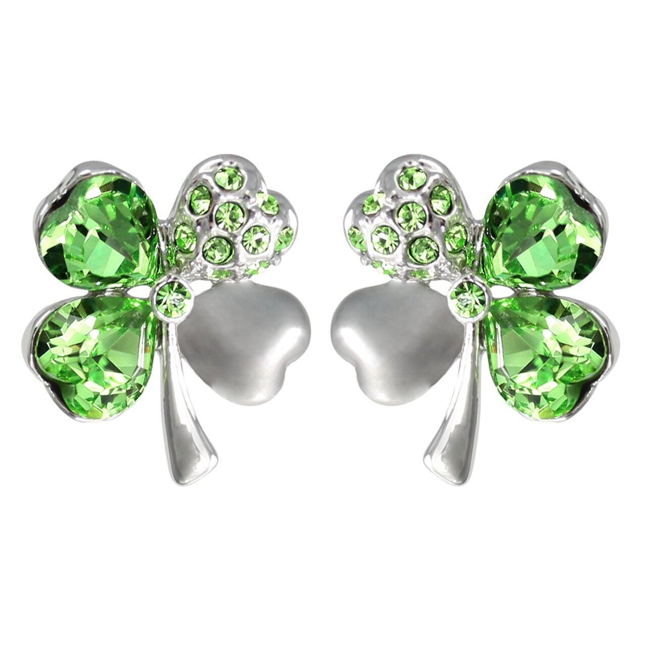 Green Four Leaf Clover Earrings, Swarovski Crystals, Silver Stud Earrings for Women, Lucky St