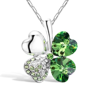 Green Four Leaf Clover Necklace, Swarovski Crystals, Women’s Silver Necklace, St. Patrick's Day Jewelry, Good Luck Pendant, Jewelry Gift