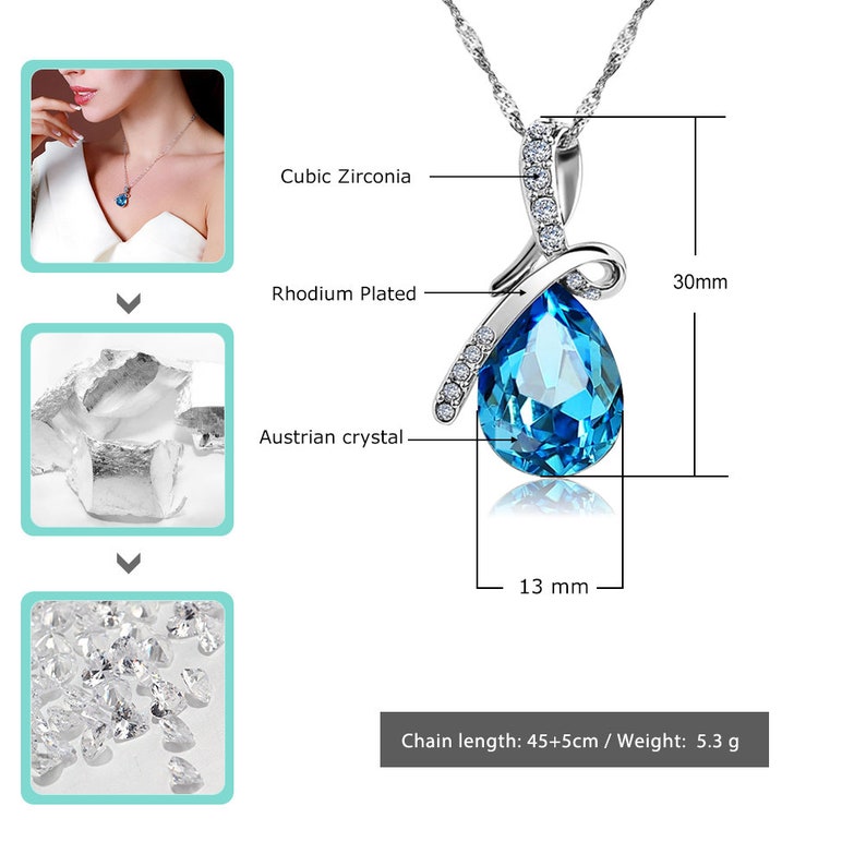 Blue Drop Necklace With Swarovski Crystal and Cubic Zirconia, Blue