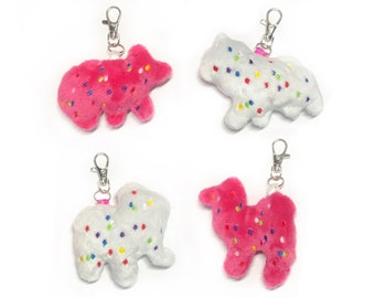 Animal Cracker Frosted Circus Cookie Plush Keychain Pink White Cute Fluffy Pastel Circus Clowncore Carnival Pastel Kawaii Sprinkles