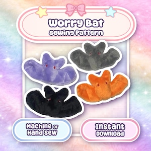 Op de afbeelding: Een digitaal naaipatroon voor Worry Bat knuffels. De afbeelding toont vier pluche vleermuizen in paars, grijs, oranje en zwart. De tekst luidt "Worry Bat sewing Pattern", "Machine or Hand Sew" en "Instant Download".
