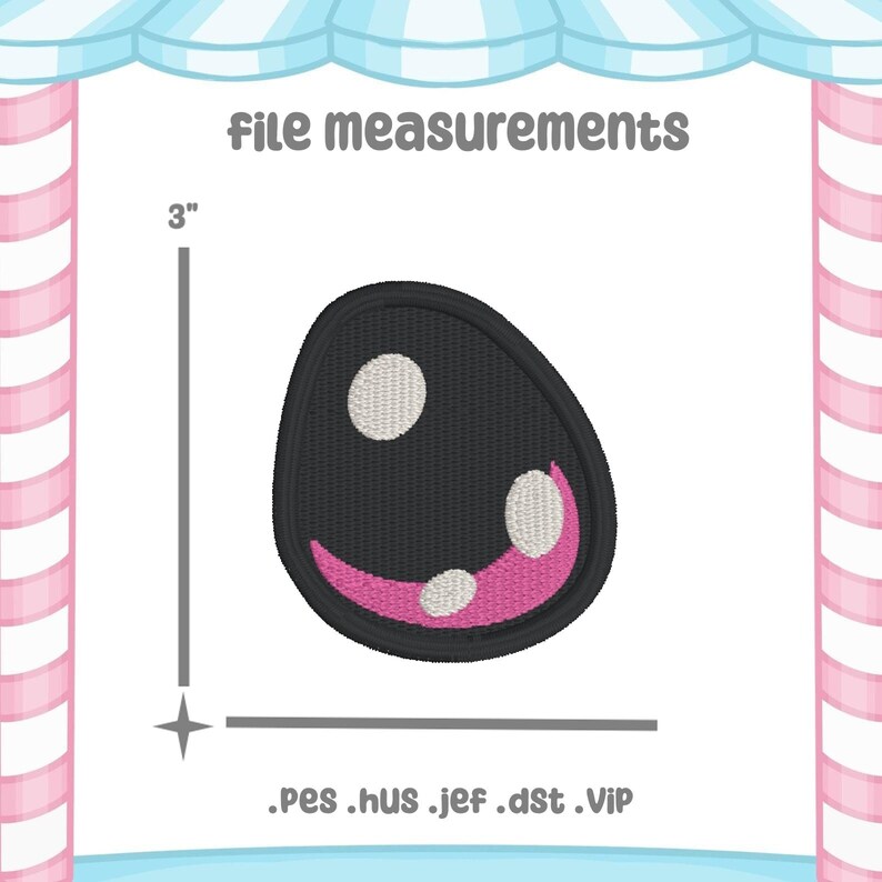 May include: An embroidered black egg-shaped design with white and pink accents. The image includes the text "file measurements" and the measurement "3" inches. The file formats .PES .HUS .JEF .DST .VIP are listed below the design.