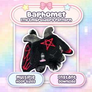 Puede incluir: Un patrón de bordado de Baphomet de felpa negra con un pentagrama rojo, detalles de alas rojas y cuernos grises. La imagen incluye el texto "Baphomet ITH Embroidery Pattern", "Multiple Hoop Sizes" y "Instant Download".