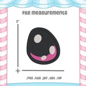 May include: Black embroidered egg-shaped design with white and pink accents. The design is 2 inches in height. The text "file measurements" is above the design, and file types are listed below.