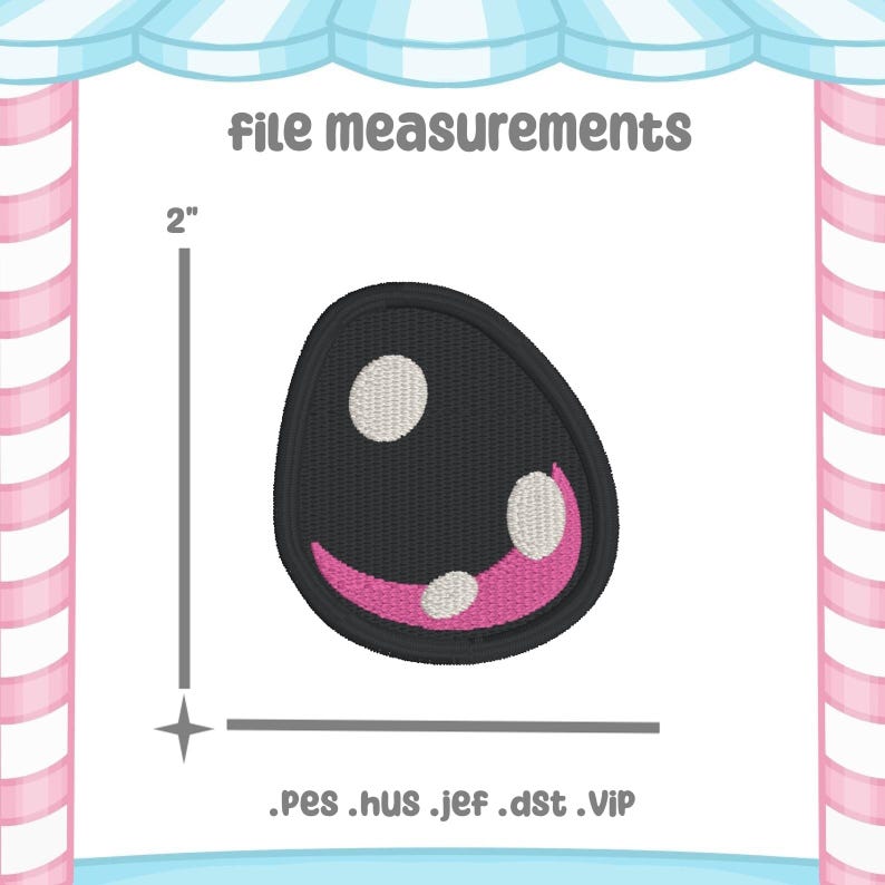 May include: Black embroidered egg-shaped design with white and pink accents. The design is 2 inches in height. The text "file measurements" is above the design, and file types are listed below.