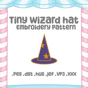 May include: A purple wizard hat embroidery pattern with gold stars and trim. The text "Tiny Wizard Hat Embroidery Pattern" is displayed above the hat. Below the hat are the file types .pes .dst .hus .jef .VP3 .xxx.