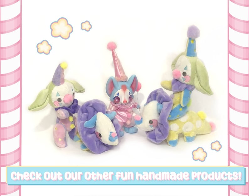 May include: A collection of handmade plush clown figures in various poses. The clowns feature pastel colors, including blue, green, pink, and purple, with whimsical details like pom-poms and patterned clothing. The image includes the text: "Check Out Our Other fun handmade products!"