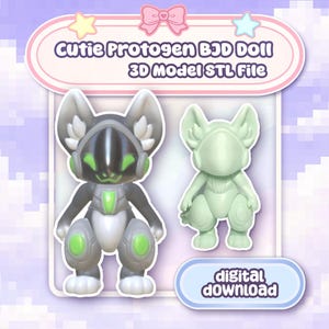 Puede incluir: Imagen de dos muñecas Protogen BJD modelo 3D. Una es gris y blanca con detalles verdes, la otra es verde claro. El texto dice "Cutie Protogen BJD Doll 3D Model STL File" y "digital download".