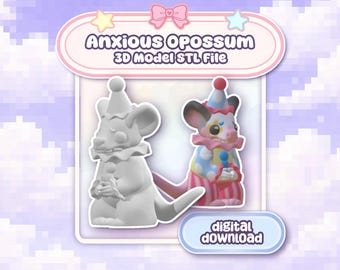Puede incluir: Imagen que presenta dos figuras de zarigüeya de dibujos animados vestidas con trajes de payaso. Una es un modelo en escala de grises, la otra es colorida con detalles rosas, azules y rojos. El texto dice "Anxious Opossum 3D Model STL File" y "digital download".
