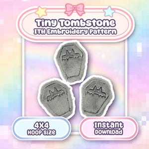 Puede incluir: Tres patrones de bordado grises, afelpados, en forma de ataúd con diseños de murciélagos. La imagen incluye el texto "Tiny Tombstone ITH Embroidery Pattern", "4x4 Hoop Size" e "Instant Download". El fondo es un degradado pastel.