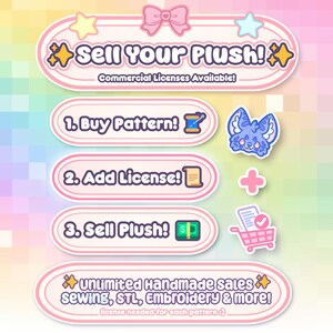 May include: A pastel-colored graphic promoting plush sales. Text reads "Sell Your Plush!" with steps: Buy Pattern, Add License, and Sell Plush. Includes a blue cartoon character, a plus sign, and a shopping cart icon. The bottom text says "Unlimited Handmade sales sewing, STL, Embroidery & more!"