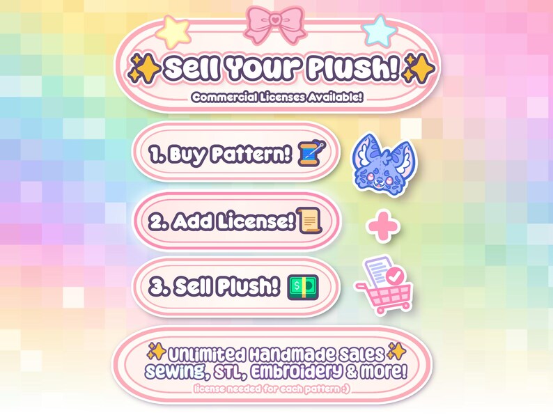 May include: A pastel-colored graphic promoting plush sales. Text reads "Sell Your Plush!" with steps: Buy Pattern, Add License, and Sell Plush. Includes a blue cartoon character, a plus sign, and a shopping cart icon. The bottom text says "Unlimited Handmade sales sewing, STL, Embroidery & more!"
