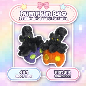 May include: Two plush toys, each featuring a black bat-like creature atop a pumpkin. One pumpkin is orange, the other purple. The image includes text that reads "Pumpkin Boo ITH Embroidery Pattern", "4x4 Hoop Size", and "Instant Download".