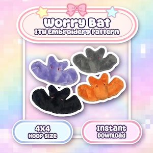 Könnte beinhalten: Ein Stickmuster für eine Worry Bat, mit vier Plüschfledermäusen in Lila, Grau, Orange und Schwarz. Das Design enthält den Text "Worry Bat ITH Embroidery Pattern", "4x4 Hoop Size" und "Instant Download".