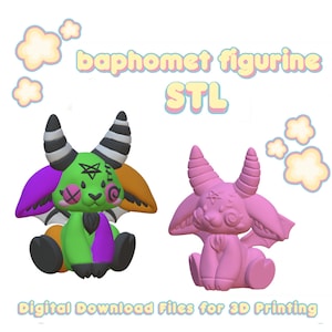Puede incluir: Dos figuras impresas en 3D de una criatura parecida a una cabra con cuernos y alas. Una es verde, morada y naranja, y la otra es rosa. El texto "baphomet figurine STL" está por encima de las figuras.