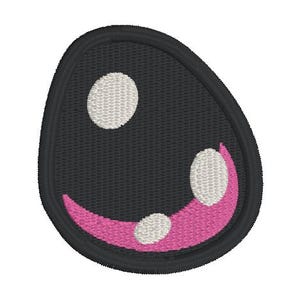 May include: Embroidered patch featuring a stylized cartoon eye. The patch has a black background with a white dot and a pink curved shape with two white dots, creating a smiling expression. The patch has a black border.