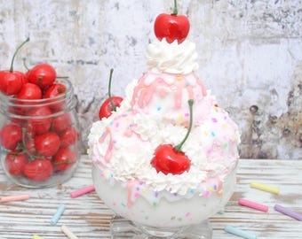Faux Strawberry & Vanilla Ice Cream Sundae with Sprinkles – Sweet Shop Display Prop