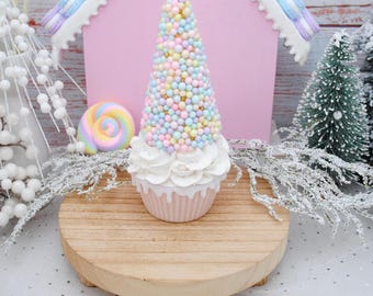 Faux Pastel Christmas Tree Cupcake - Fake Candyland Desserts, Mrs Claus Gingerbread Bakery, Photo Props