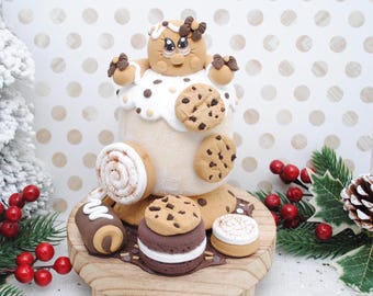 Faux Gingerbread Marshmallow Cookie Decor -  Wooden Riser Christmas Dessert Prop, Fake Chocolate & Cinnamon Buns