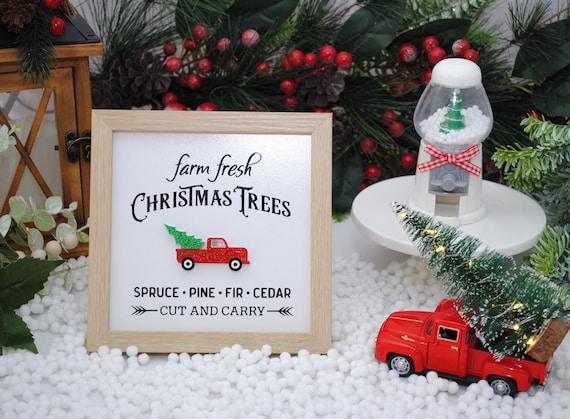 Christmas Tree Farm Sign - Red Truck Wooden Frame Decor