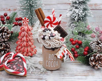 Faux Hot Cocoa Mini Milkshake - Fake Peppermint Mocha Candy & Marshmallows, Tiered Tray Decor