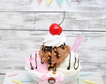 Faux Neapolitan Ice Cream Sundae - Fake Sweet Desserts, Tier Tray Decor, Display Props