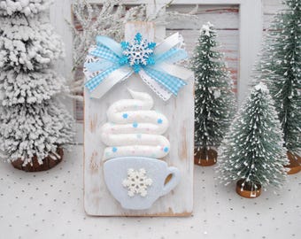 Wooden Hot Cocoa Cutting Board – Fake Cookie Marshmallow Mug with Snowflakes, Christmas Decor