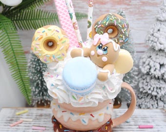 Faux Gingerbread Milkshake - Fake Macaroon, Doughnuts & Wafer Mug Decor, Candyland Display Props