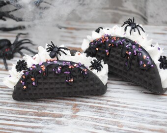 Faux Halloween Waffles - Trick or Treat Decor, Fake Spooky Spider Desserts, Tier Tray Decor