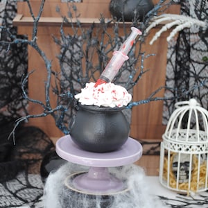 Halloween Faux Bloody Cupcake with Syringe Cauldron - Vampire Cupcake, Witches Brew, Mini Witch&#39;s Cauldron, Halloween Haunted House Decor