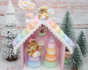 Faux Candyland Gingerbread House - Marshmallow Macaroon Decor, Christmas Bakery Cookie Display, Fake Sugar Candy Sweets