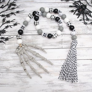 Skeleton Hand Wood Bead Garland - Halloween Tier Tray, Halloween Skeleton Bones, Lazy Bones, October 31st, Graveyard Haunted House Decor
