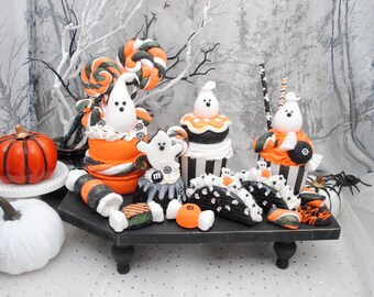 Wooden Coffin Tray with Faux Halloween Desserts - Spooky Candy, Trick or Treat Decor
