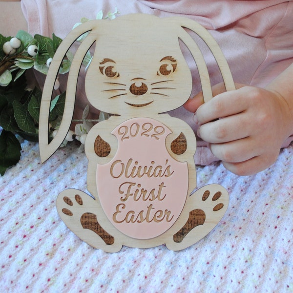 Personalised My First Easter Plaque Keepsake - Baby's First Easter 2024, Custom Name Plaque, Easter Gift, Bunny Rabbit Easter Egg Photo Prop