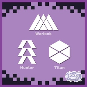 Op de afbeelding: Een paarse vierkante afbeelding met drie witte Destiny-klassensymbolen. Het bovenste symbool is gelabeld Warlock, linksonder Hunter en rechtsonder Titan. De rechterbenedenhoek bevat de tekst sticky 'nade.