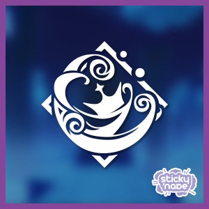 May include: White graphic design with a crown, waves, and swirls inside a diamond shape on a blue background.
