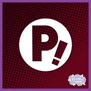 Puede incluir: Círculo blanco con una letra mayúscula negra "P" y un signo de exclamación. El círculo está sobre un fondo rojo con un patrón de lunares blancos. El texto "sticky "nade" está en un bocadillo de diálogo blanco con un contorno negro.