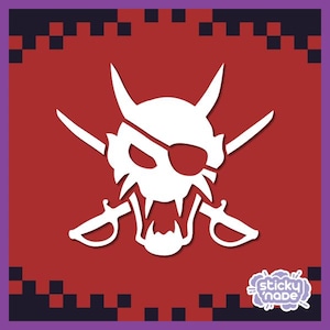 May include: White silhouette of a demon with a pirate eyepatch and crossed swords on a red background. The demon has sharp teeth and horns. The text "sticky nade" is in the lower right corner.