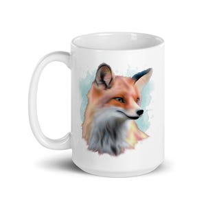 May include: White ceramic mug with a watercolor illustration of a red fox with a white chest and a blue watercolor background.