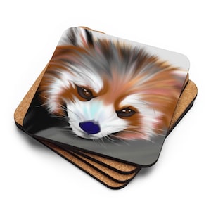 May include: Set of four square coasters featuring a close-up of a red panda's face. The red panda has a white muzzle with a blue nose and brown fur.