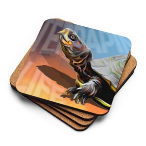 May include: A set of four square coasters featuring a colorful illustration of a turtle with a blue, green, and yellow shell. The turtle is looking up with its mouth open. The background is a gradient of orange, yellow, and blue.