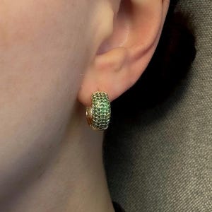 Green Paved Cubic Zirconia 16K Gold Plated Huggie Hoop Earrings
