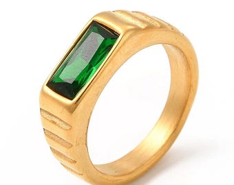 Green Peridot Stone 18K Gold Plated Signet Ring