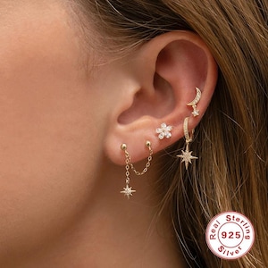 Sparkle Chandelier Stud Single Earring | Dainty 18K Gold Plated Sterling Silver and Cubic Zirconia Opal Loop Drop Double Chain | Dangle Stud