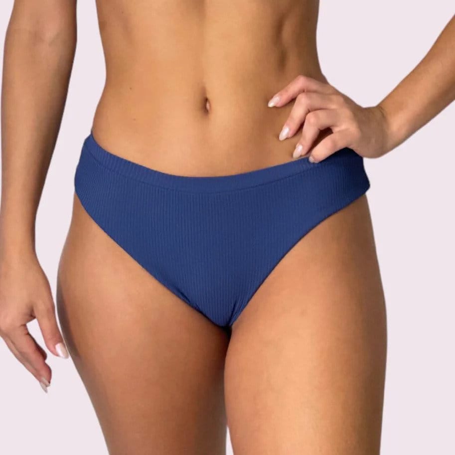 Olivia Blue Ribbed High-Waist High-Leg Lined Tanga Bikini Briefs